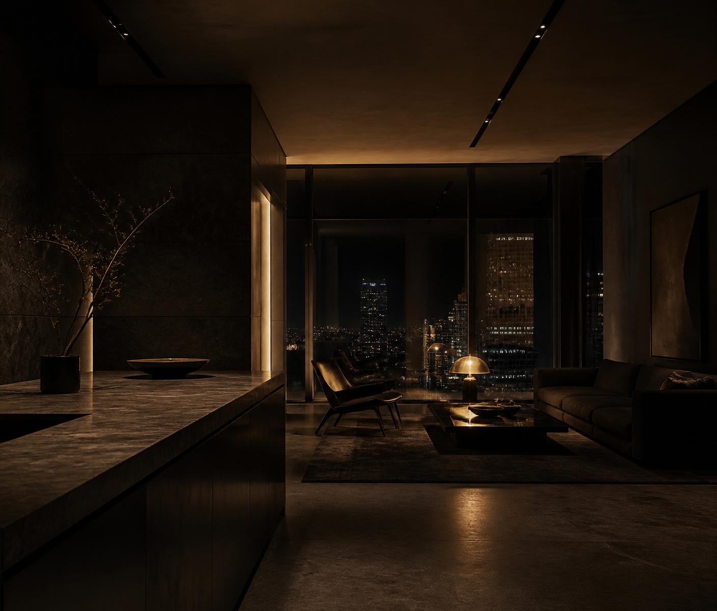 Private penthouse suite at night lit by a single brass lamp